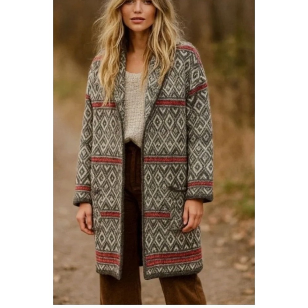 Aspen Womens 1X Nordic Fair Isle Open Front Cardigan Sweater Gray White Red